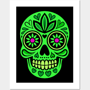 Neon green mexican skull, dia de los muertos Posters and Art